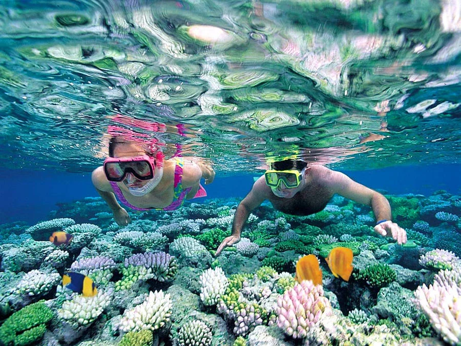 2 orang wisatawan sedang melakukan kegiatan water sport snorkeling di pantai bali